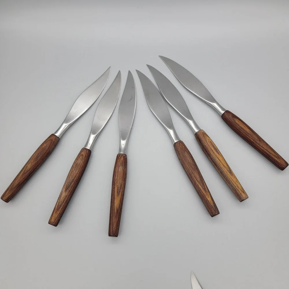 Mode Danish Dinner Knives Set of 6‎ Wood Handle Stainless Steel England MCM